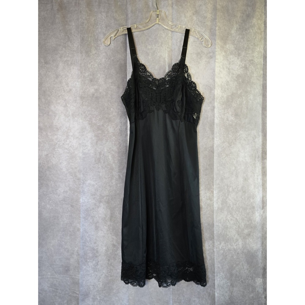 Vintage Wonder Maid Black Satin Full Slip Lace Trims Size 36 Whimsy Goth